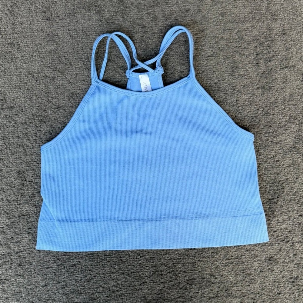 Kimberly C Blue Ribbed Halter Strappy Racerback Crop Top Tank Medium‎